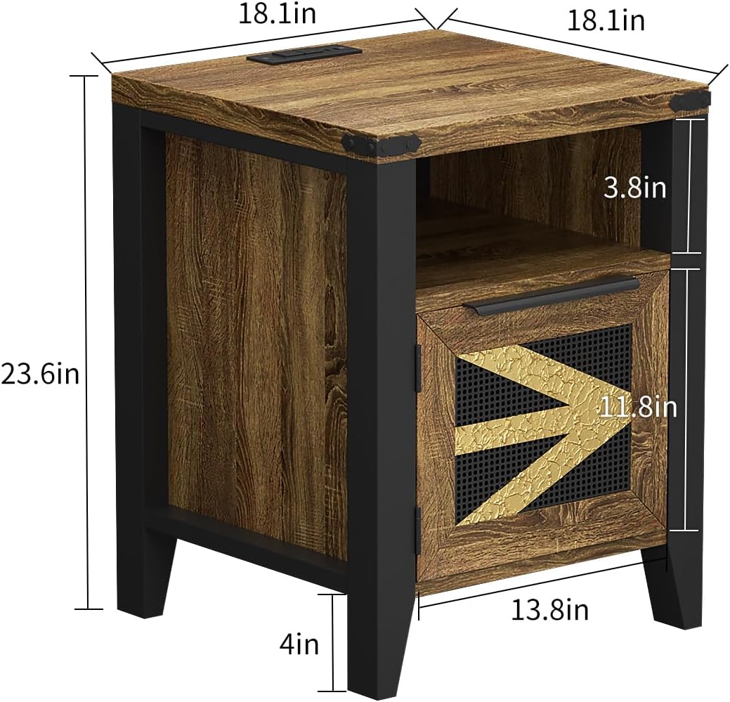 Farmhouse End Table with Charging Station, 18.1" Narrow Side Table for Living Room, Sofa End Table with Storage Cabinet & Open Shelf, Nightstand with 2 USB Ports and 2 AC Outlets