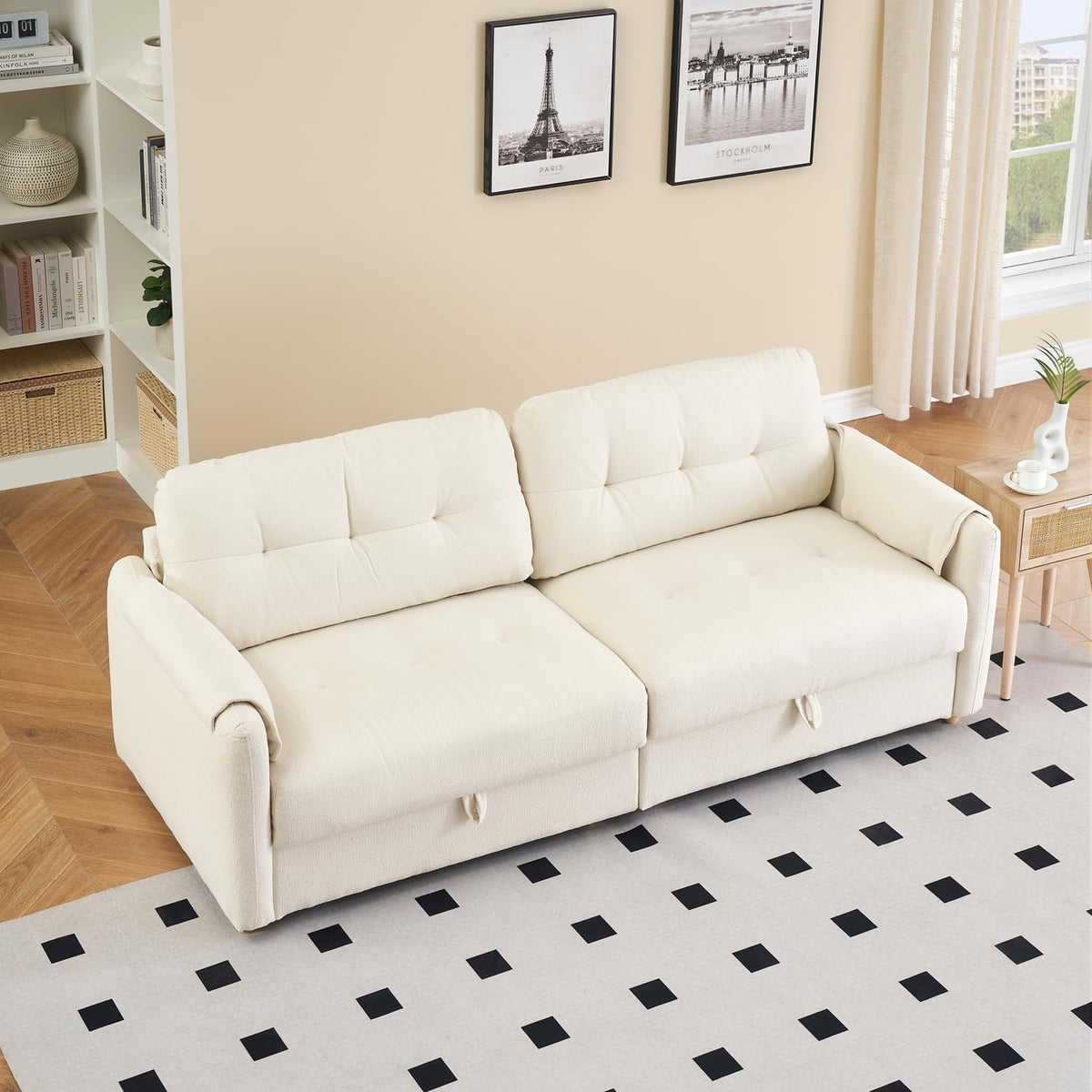 79.50-inch Loveset Couches for Living Room, Modern Teddy Fabric Upholstered Sofa Couch with Seats Storage, Comfy 3-Seater Couch for Bedroom, Office, Apartmen (Beige)