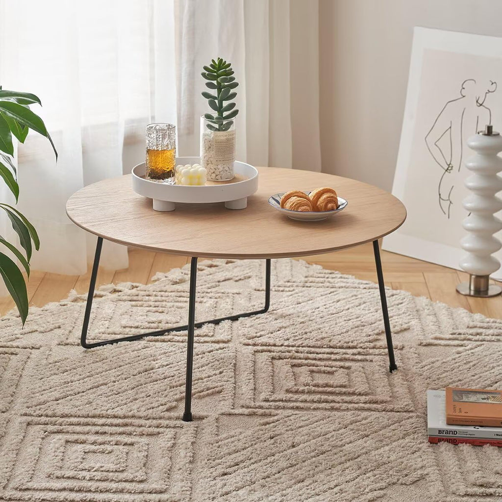 Round Wood Top Coffee Table with Black Metal Hairpin Legs, Minimalist Modern Cocktail Side Table, Small Space Living Room Accent Center Table