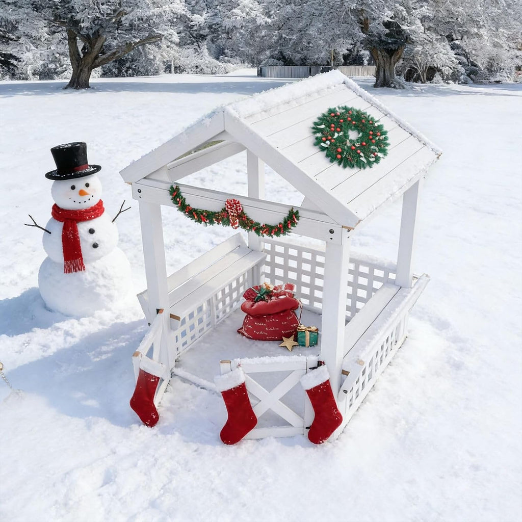 Large White Outdoor Wooden Playhouse for Kids, Weather-Resistant Cedar Fir Wood Backyard Cottage with Bench, Ultimate to Place Near Your White Christmas Tree,