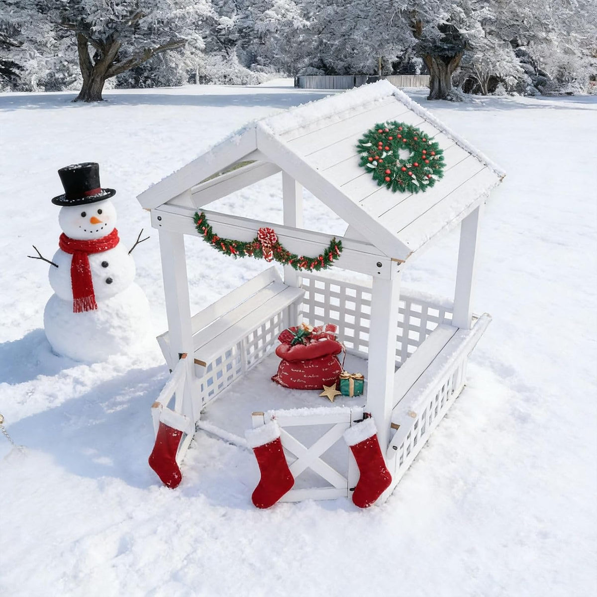 Large White Outdoor Wooden Playhouse for Kids, Weather-Resistant Cedar Fir Wood Backyard Cottage with Bench, Ultimate to Place Near Your White Christmas Tree,