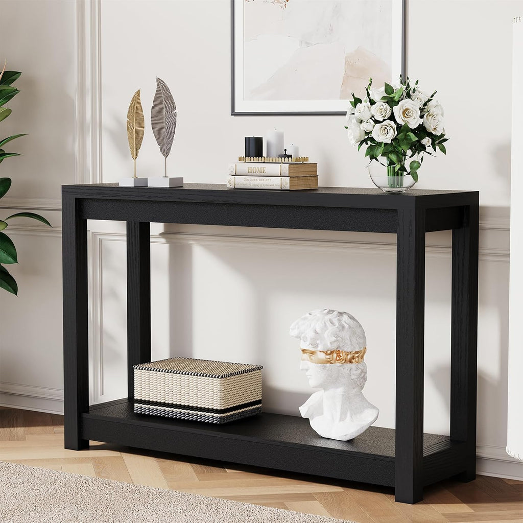 47" Entryway Table, Long Narrow Console Table with Shelves, Farmhouse Wood Sofa Table Behind Couch, Rustic Entry Table for Hallway, Living Room or Foyer, Black