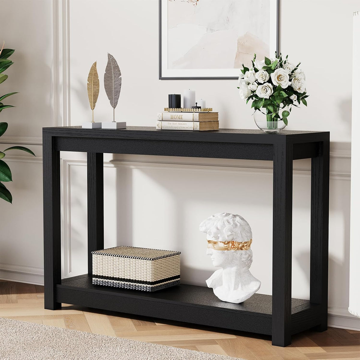 47" Entryway Table, Long Narrow Console Table with Shelves, Farmhouse Wood Sofa Table Behind Couch, Rustic Entry Table for Hallway, Living Room or Foyer, Black