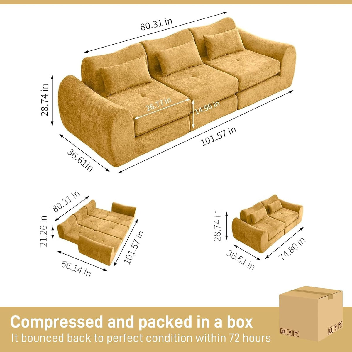 102" Modular Sectional Boneless Couch, Convertible Cloud Sofa Bed with Upholstered Deep Seat, Soft Deep Lounger for Living Room Playroom (Yellow)