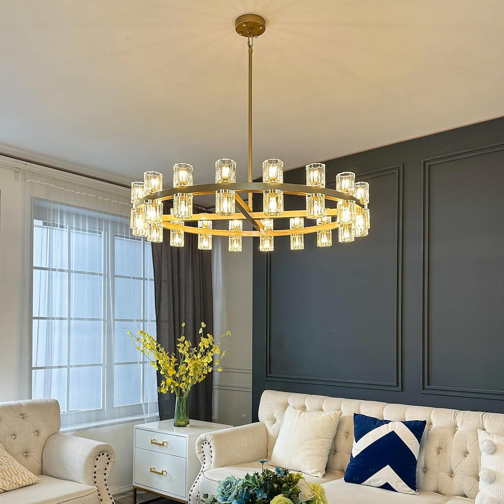 36 Inch Gold Wagon Wheel Chandelier with Crystal Shade, 36 Lights, Large Round Modern Farmhouse Style, Perfect for Living Room, Dining Room, Bedroom, Foyer, Bathroom