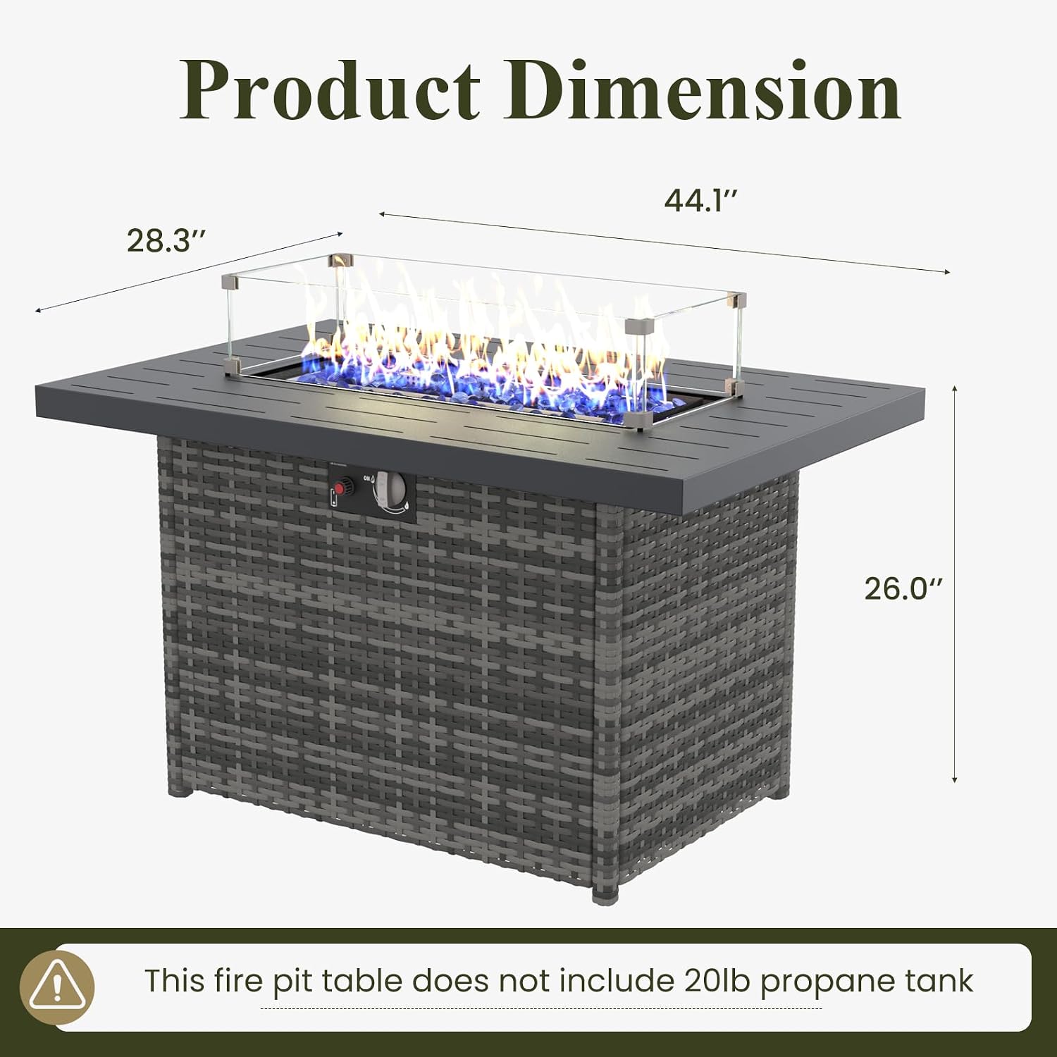 Propane Fire Pit Table, 44 Outdoor Gas Fire Pit with Glass Wind Guard & Waterproof Cover