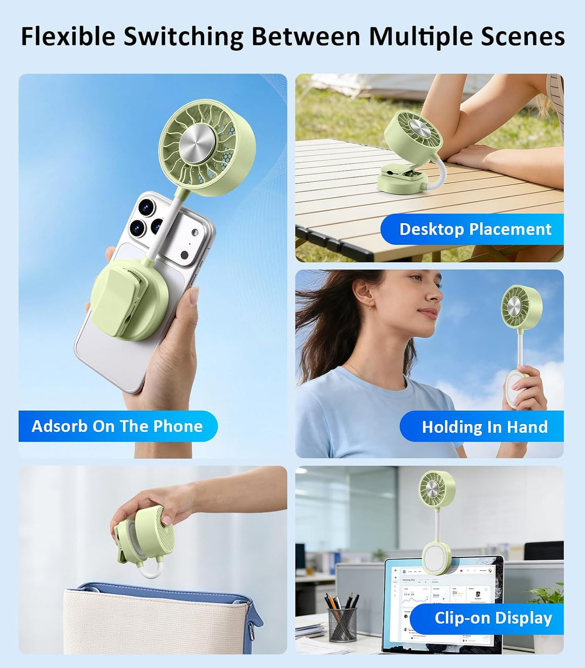 Magnetic Phone Fan with Ice Cooling, 3-in-1 Clip on Fan（Green）