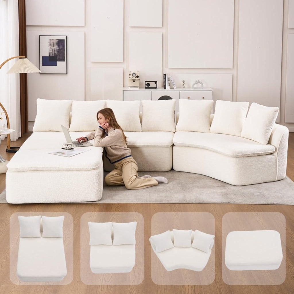 133'' Modular U Shape Sectional Compression Sofa with Removable Recliner and Back Cushions for Living Room, Bedroom, Chenille Boneless Sofa Couch with Ottoman for Large Spaces