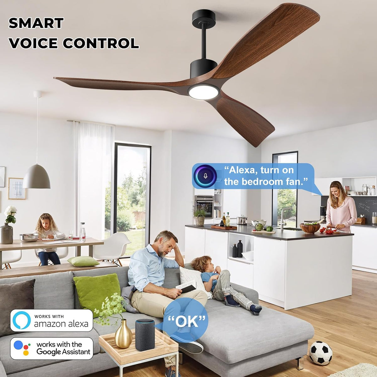 52" Smart Ceiling Fan with Lights,Outdoor Ceiling Fan Compatible with Alexa/App/Remote,3-Color Light 6-Speed Quiet Reversible DC Motor for Patio Porch Living Room,Dark Walnut