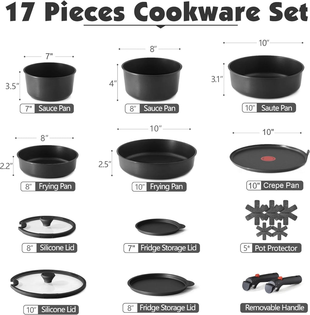 SENSARTE 17 Piece Pots and Pans Set, Nonstick Detachable Handle Cookware Set