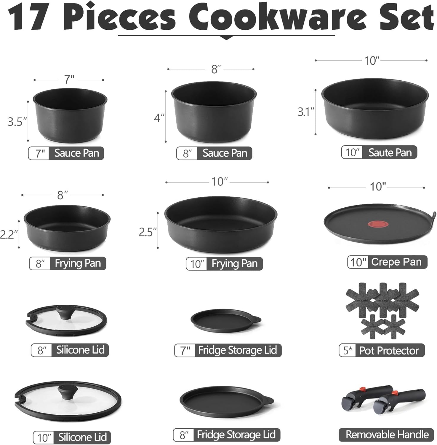 SENSARTE 17 Piece Pots and Pans Set, Nonstick Detachable Handle Cookware Set