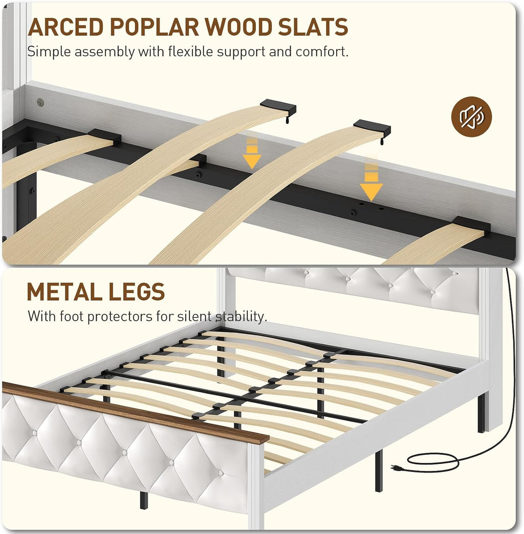 Farmhouse Queen Bed Frame with 51" Tall Headboard, Upholstered Queen Size Bed Frame with Storage, Charging Station and LED Light, Heavy Duty Wooden Slats, No Box Spring Needed，White and Walnut