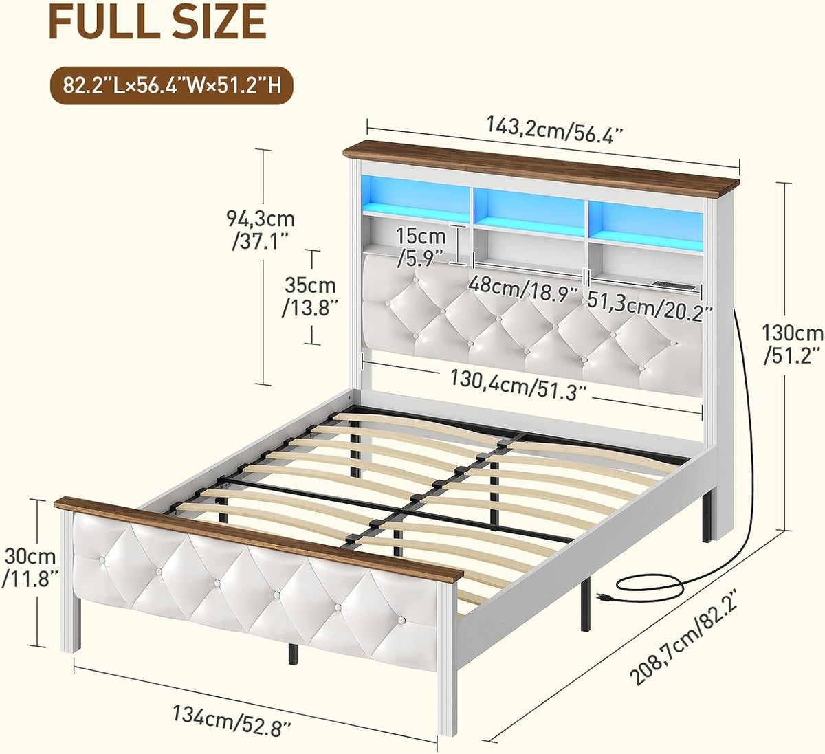 Farmhouse Full Bed Frame with 51" Tall Headboard, Upholstered Full Size Bed Frame with Storage, Charging Station and LED Light, Heavy Duty Wooden Slats, No Box Spring Needed，White