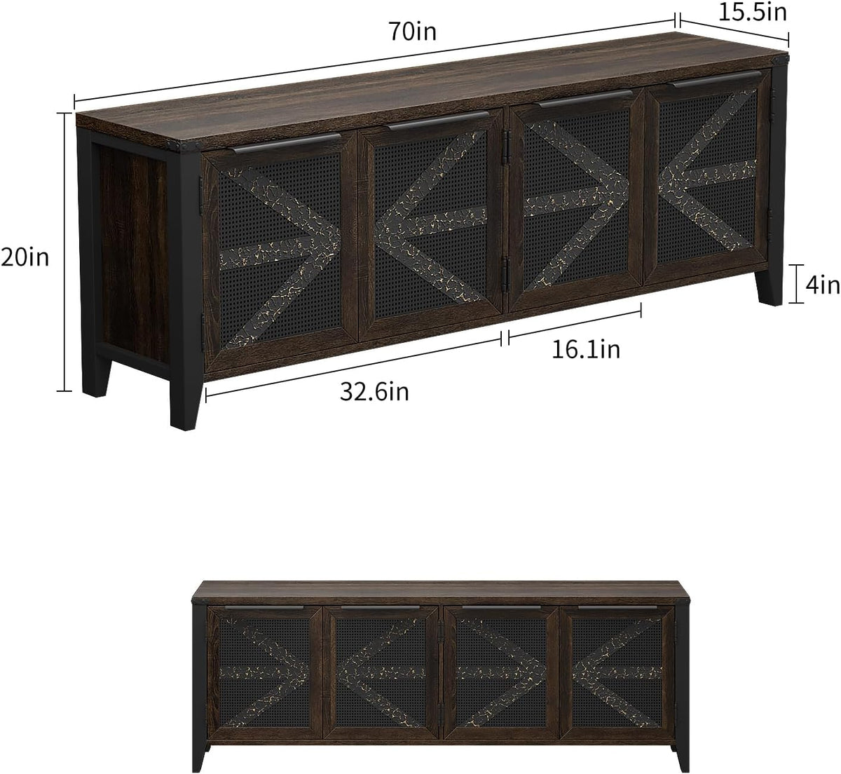 70 Inch Farmhouse TV Stand for 75 Inch TV, Rustic Entertainment Center with 4 Doors, Wood Media Console Cabinet with Storage, Living Room