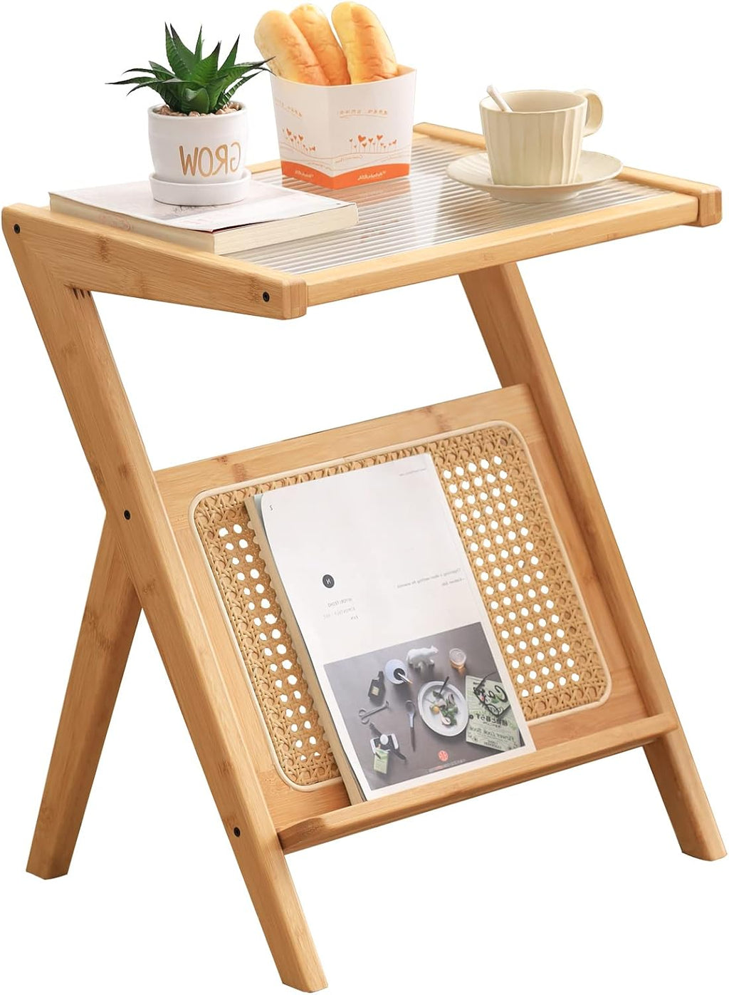 Large Wood Rattan Nightstand, Bamboo Side Table with Glass Top