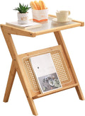 Large Wood Rattan Nightstand, Bamboo Side Table with Glass Top
