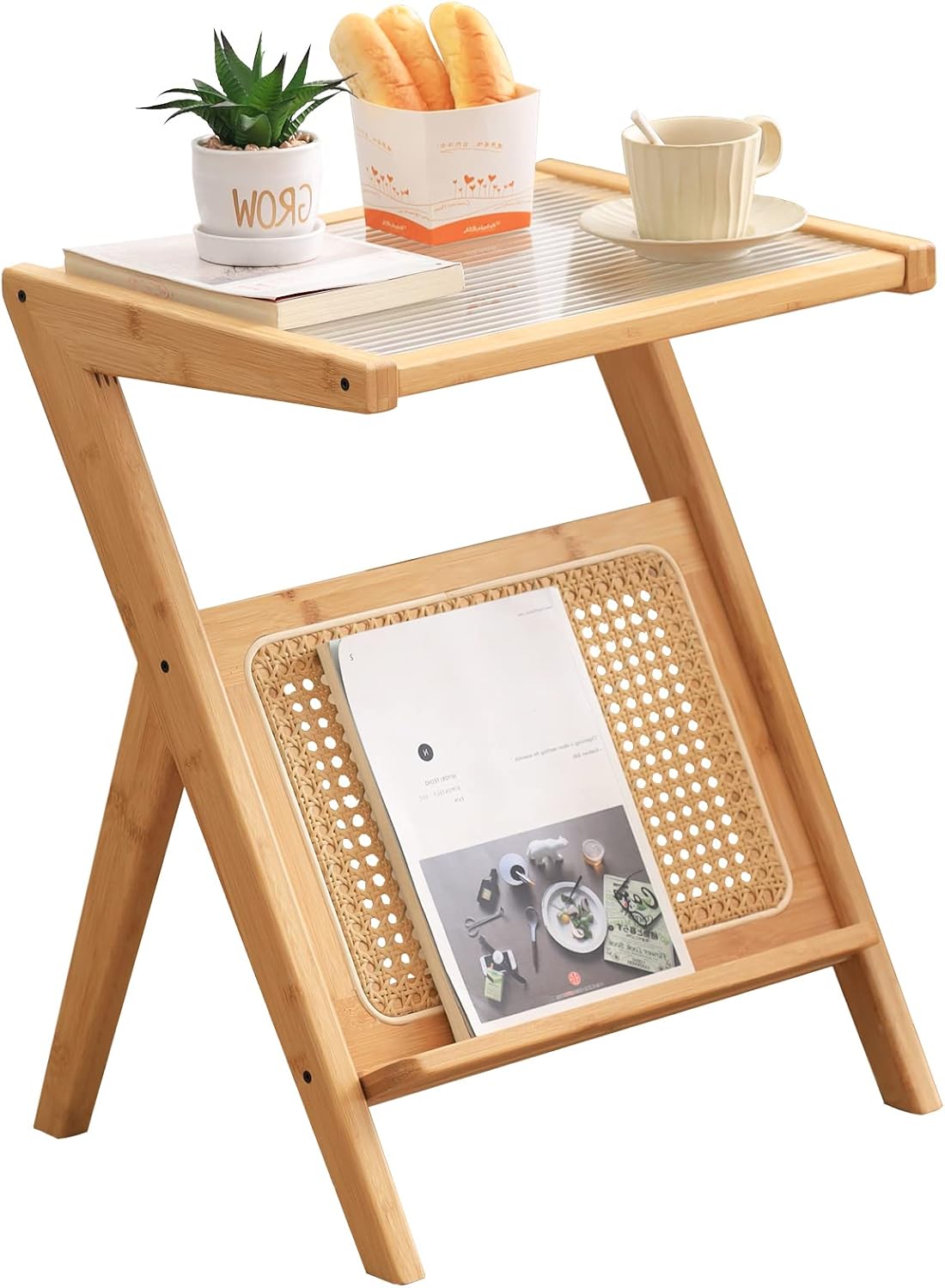 Large Wood Rattan Nightstand, Bamboo Side Table with Glass Top