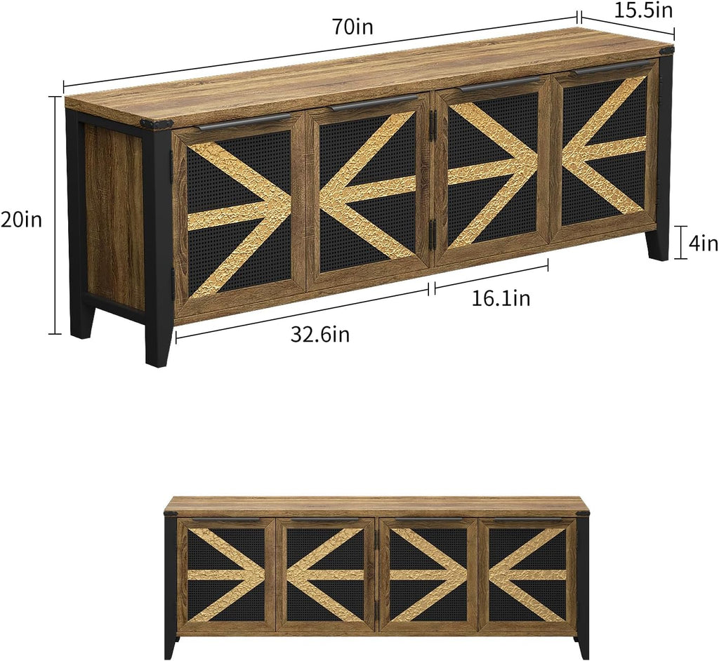 70 Inch Farmhouse TV Stand for 75 Inch TV, Rustic Entertainment Center with 4 Doors, Wood Media Console Cabinet with Storage, Living Room TV Cabinet