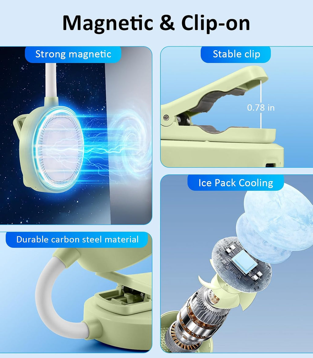 Magnetic Phone Fan with Ice Cooling, 3-in-1 Clip on Fan（Green）