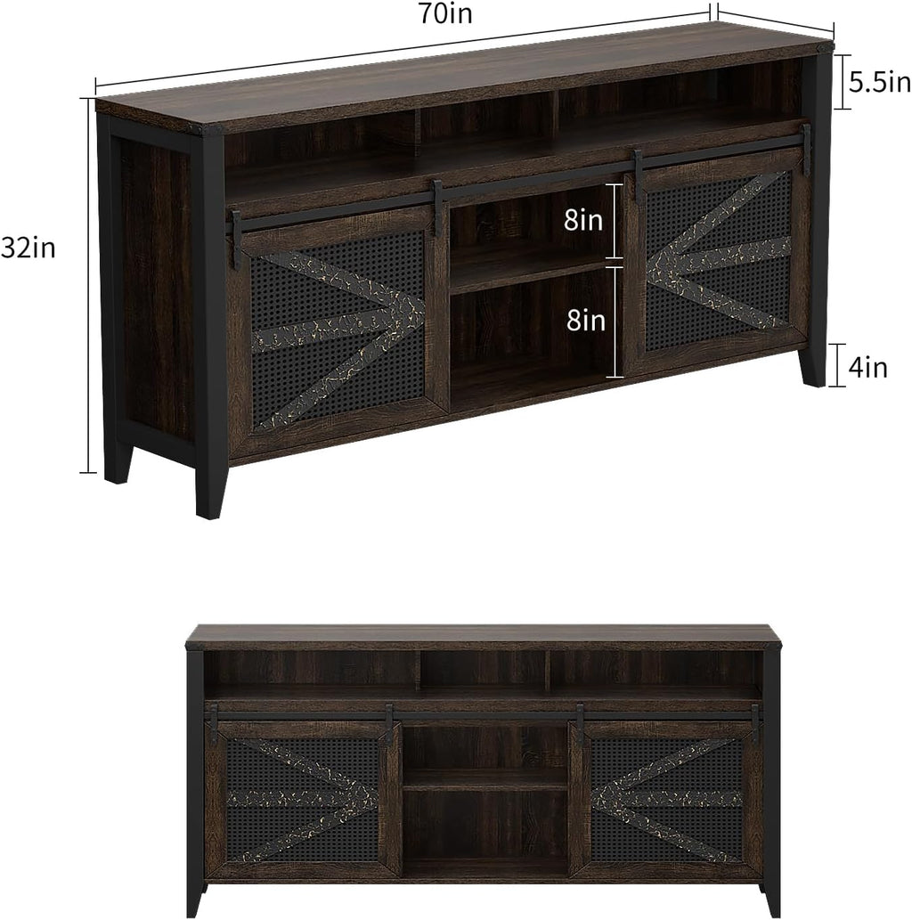 70 Inch TV Stand for TVs up to 70", Rustic Farmhouse Media Console with Sliding Barn Doors, 6 Drawers, Entertainment Center for Living Room