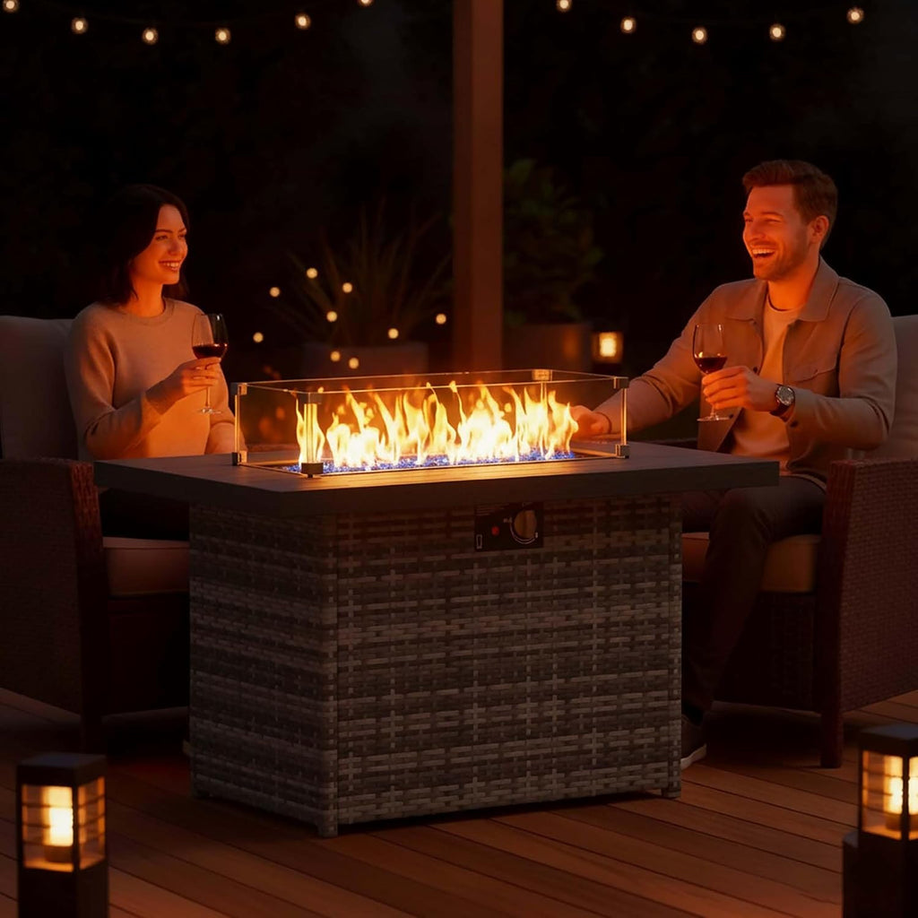 Propane Fire Pit Table, 44 Outdoor Gas Fire Pit with Glass Wind Guard & Waterproof Cover