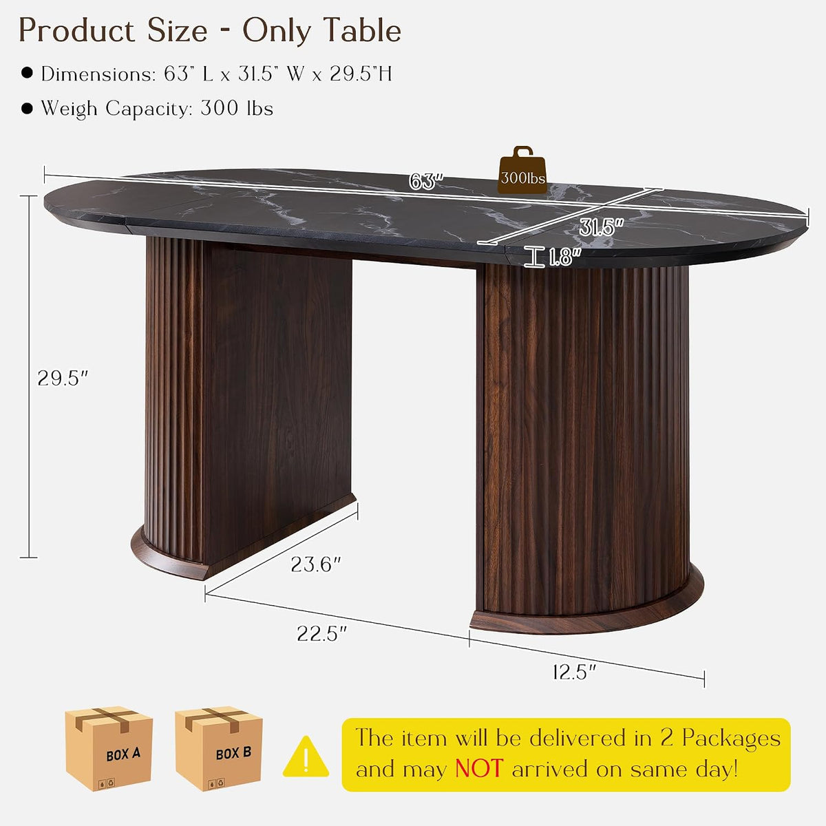 Fluted 63" Oval Dining Table for Kitchen Living Room, Walnut&Black