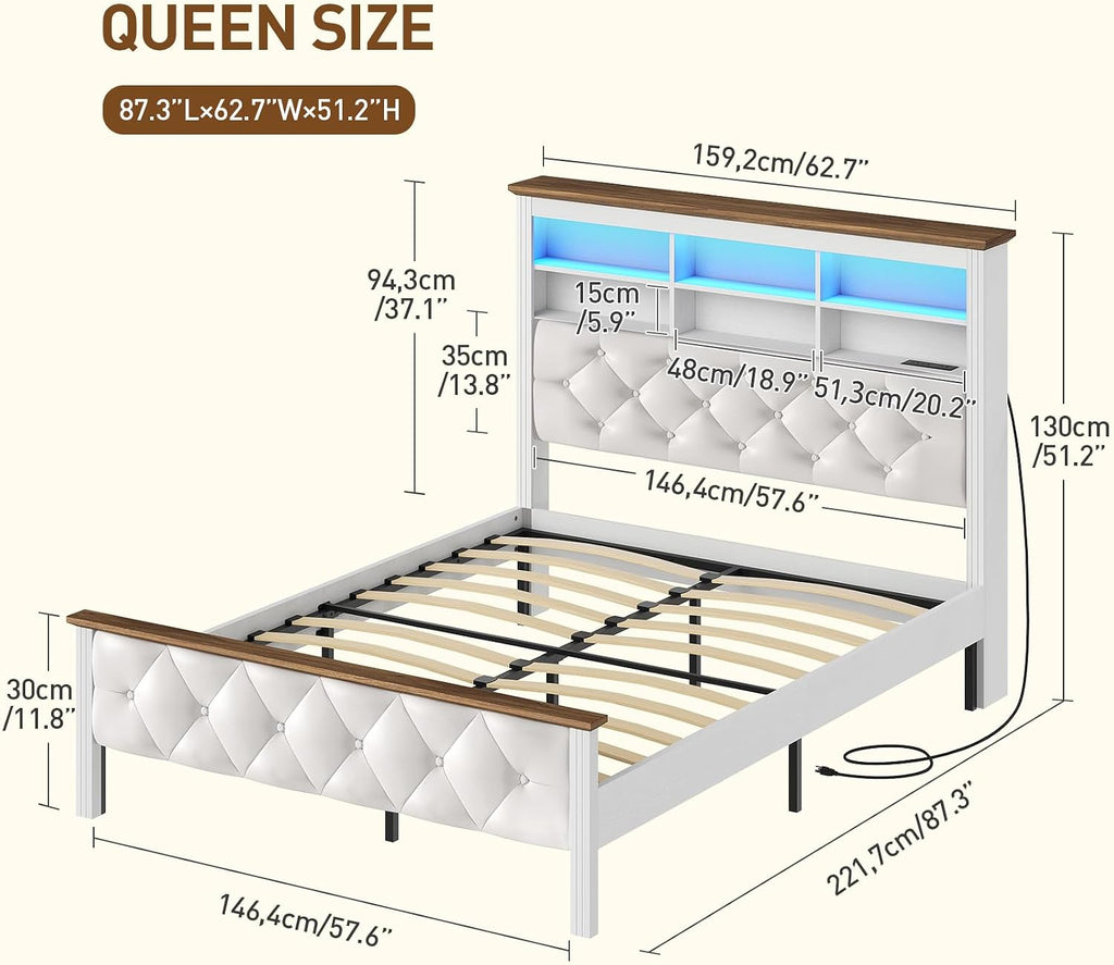Farmhouse Queen Bed Frame with 51" Tall Headboard, Upholstered Queen Size Bed Frame with Storage, Charging Station and LED Light, Heavy Duty Wooden Slats, No Box Spring Needed，White and Walnut
