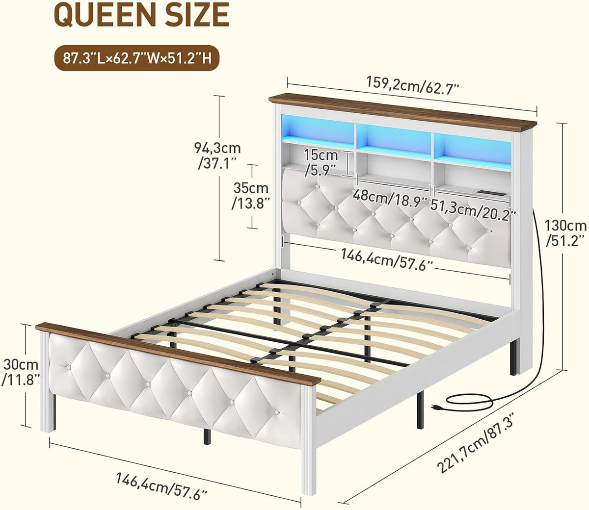 Farmhouse Queen Bed Frame with 51" Tall Headboard, Upholstered Queen Size Bed Frame with Storage, Charging Station and LED Light, Heavy Duty Wooden Slats, No Box Spring Needed，White and Walnut