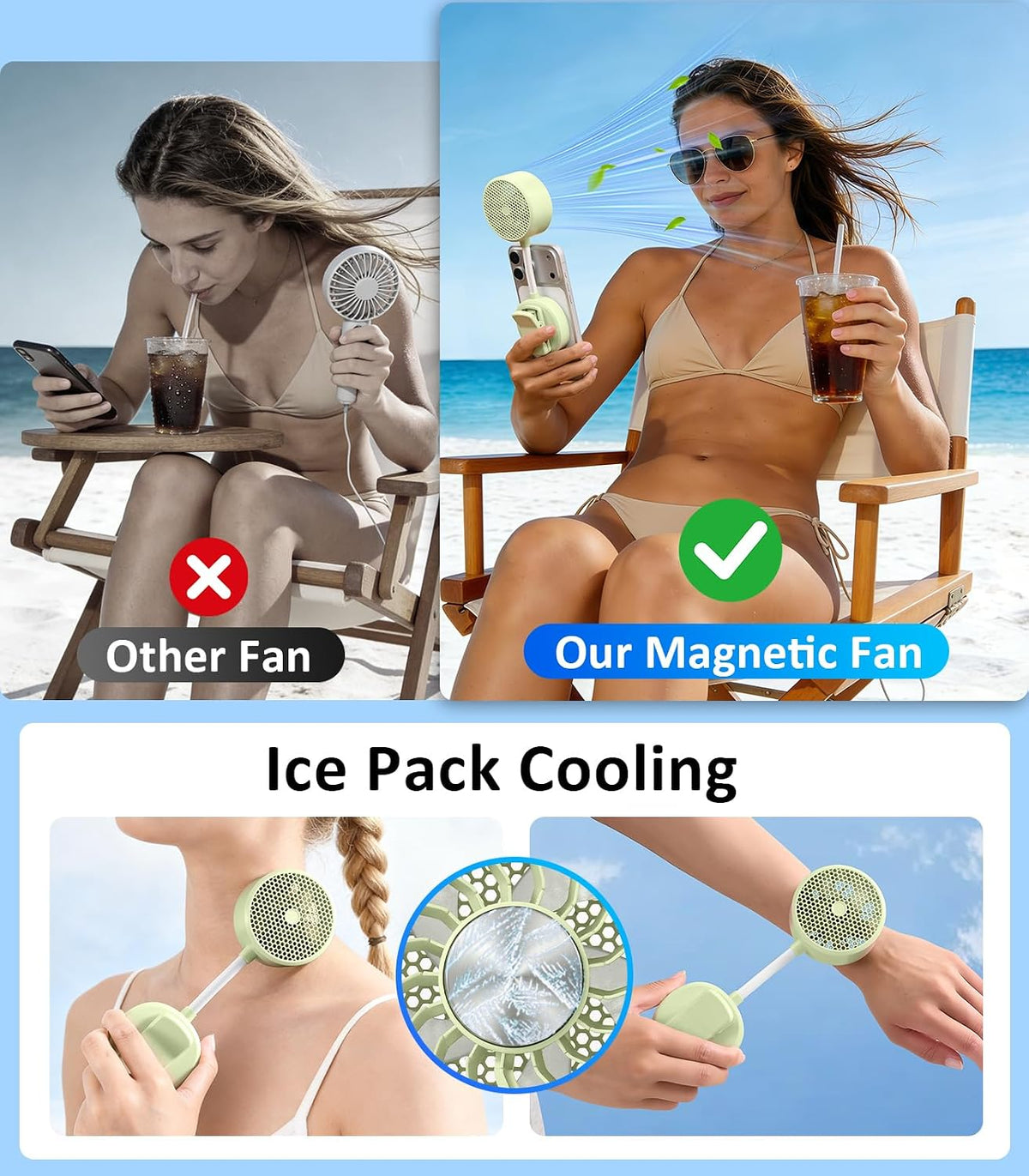 Magnetic Phone Fan with Ice Cooling, 3-in-1 Clip on Fan（Green）