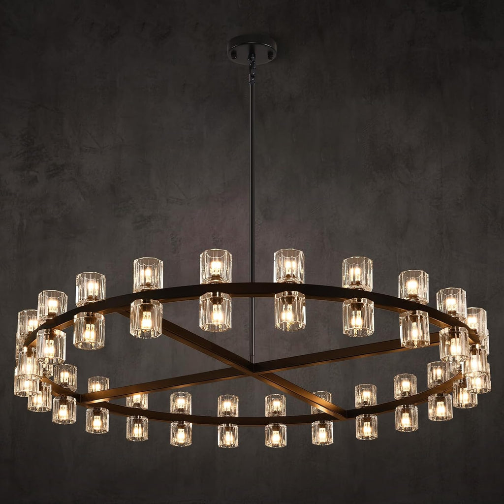48 inch Black Round Chandeliers Light Fixture, Crystal Chandeliers for Dining Room, Living Room Chandelier, Wagon Wheel Chandelier Over Table, Suitable for Bedroom,Foyer,Includes Bulb