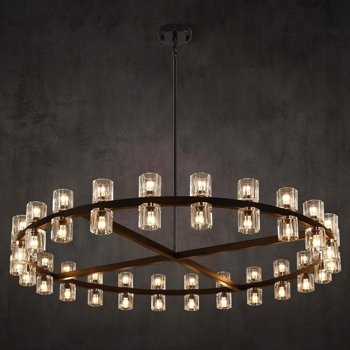 48 inch Black Round Chandeliers Light Fixture, Crystal Chandeliers for Dining Room, Living Room Chandelier, Wagon Wheel Chandelier Over Table, Suitable for Bedroom,Foyer,Includes Bulb