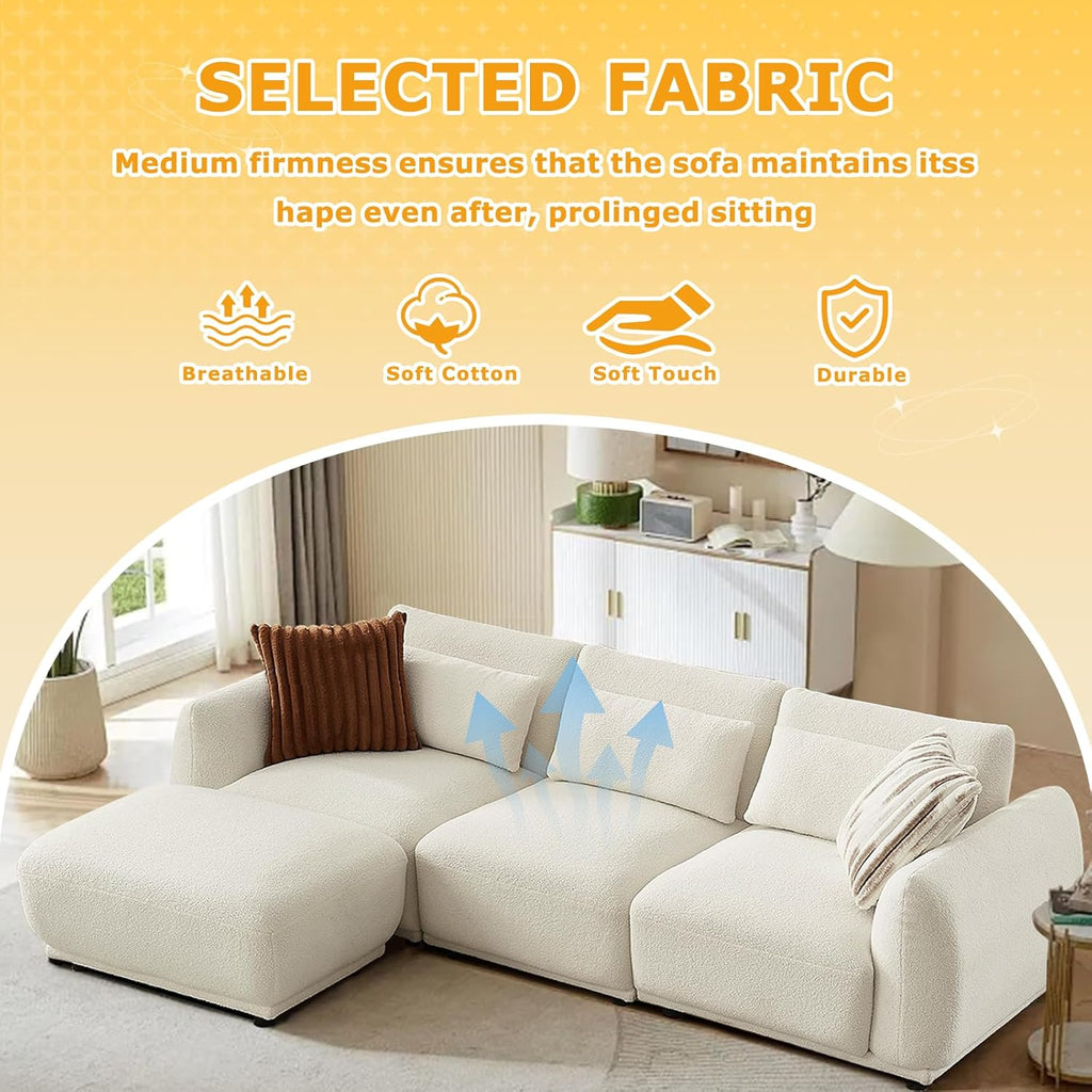Boucle Sectional Couches for Living Room, L Shape Sofa with Removable Ottoman
