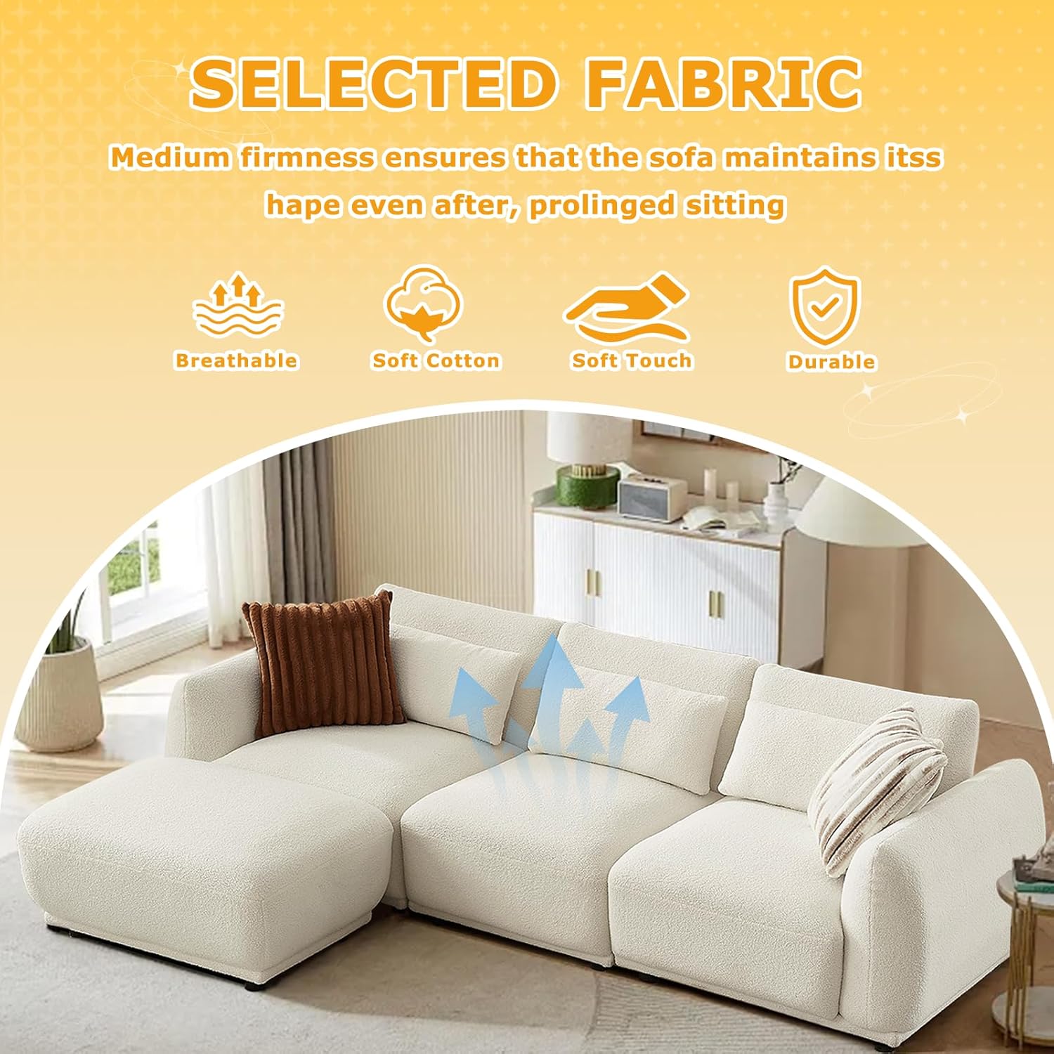 Boucle Sectional Couches for Living Room, L Shape Sofa with Removable Ottoman