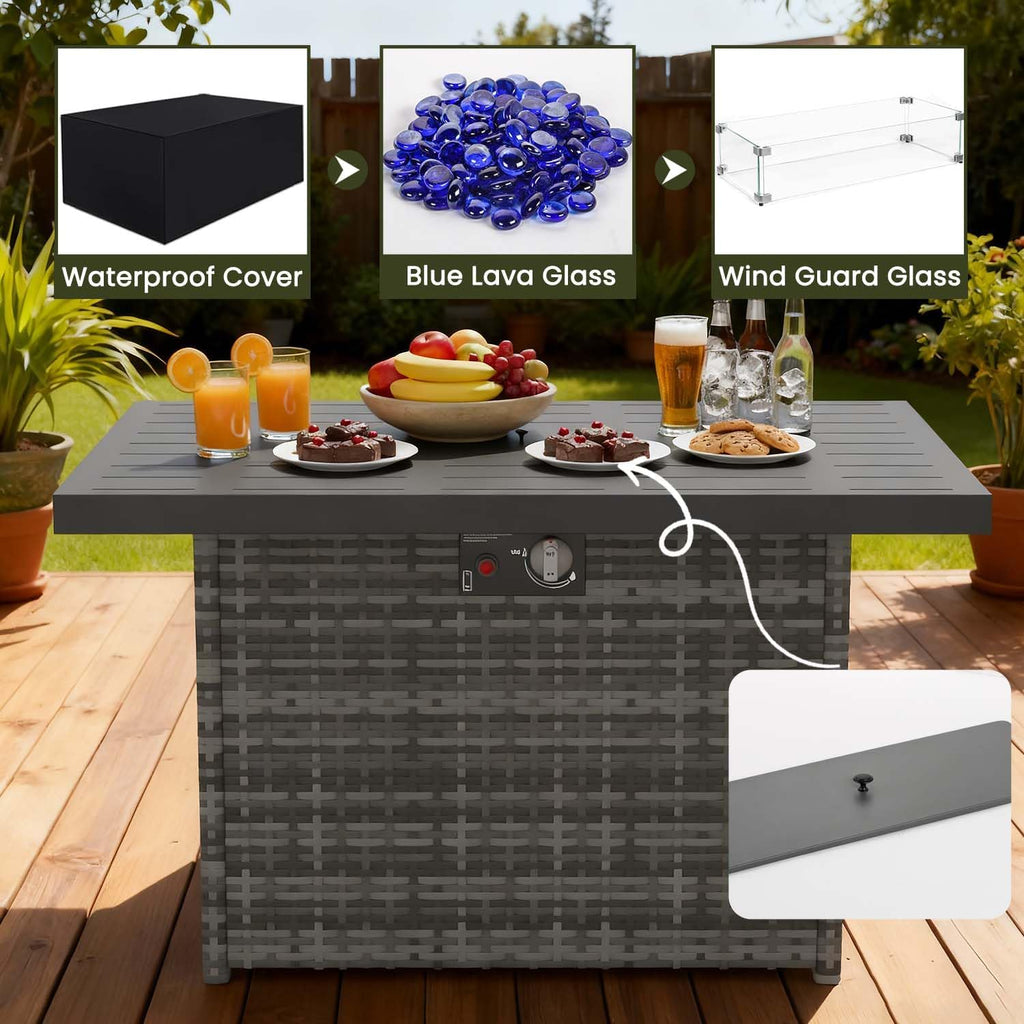 Propane Fire Pit Table, 44 Outdoor Gas Fire Pit with Glass Wind Guard & Waterproof Cover