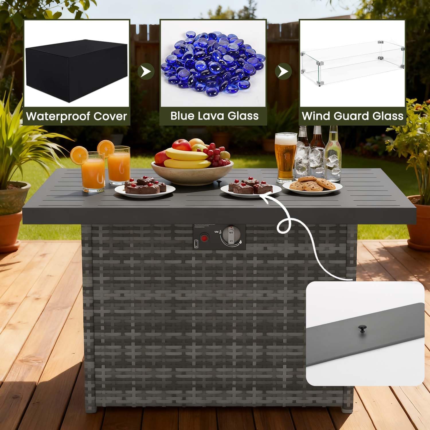 Propane Fire Pit Table, 44 Outdoor Gas Fire Pit with Glass Wind Guard & Waterproof Cover
