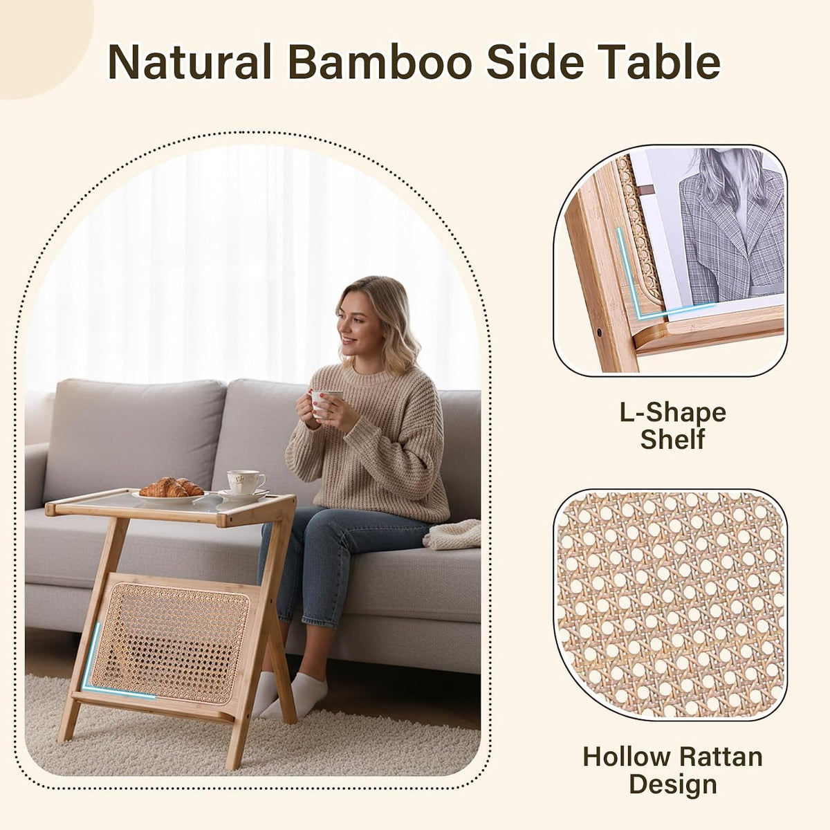 Large Wood Rattan Nightstand, Bamboo Side Table with Glass Top