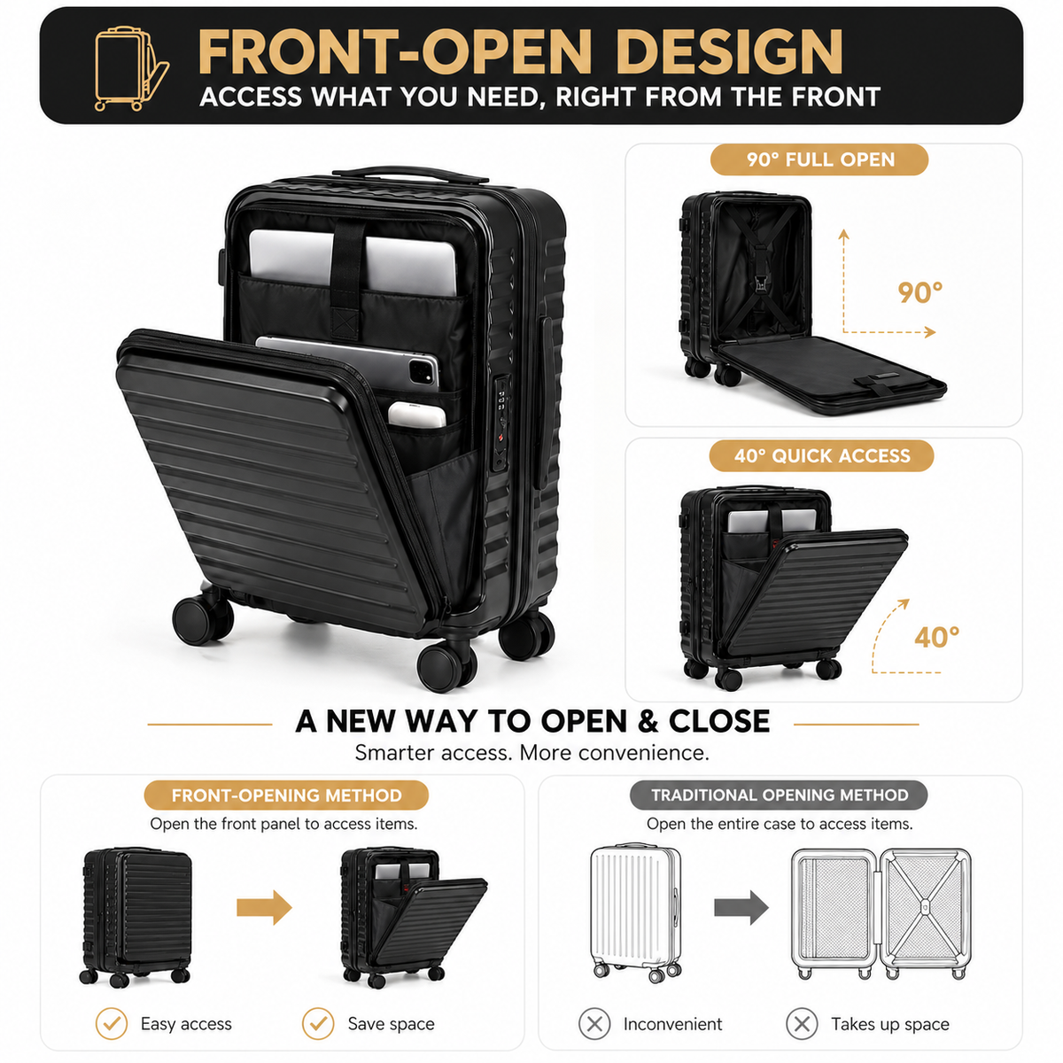 3 Piece Carry On Black Luggage Set, 20 Inch Front Opening Hardside Suitcase, Spinner Wheels, TSA Lock
