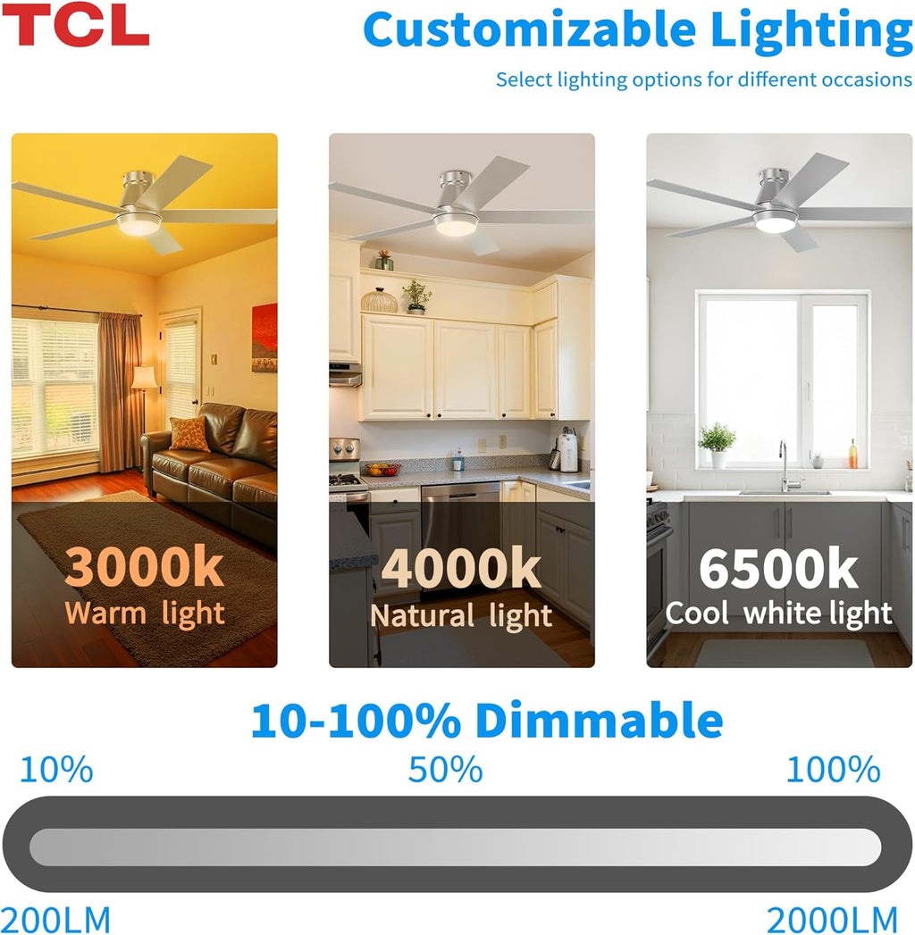 52" Silver Ceiling Fan with Light and Remote, Modern LED 3-Color, Quiet Motor for Bedroom, Living Room, Dining Room, Ceiling Fans with Lights (Silver)