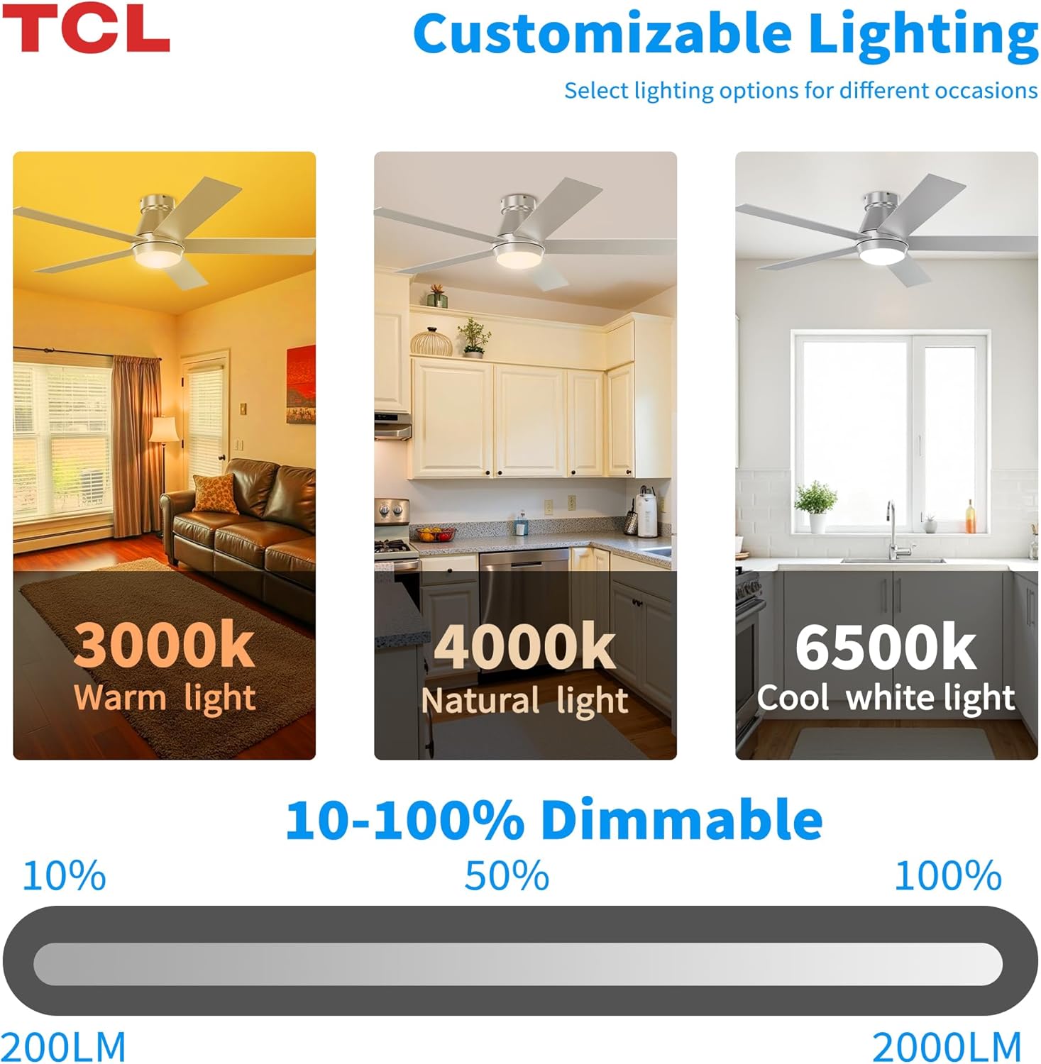 52" Silver Ceiling Fan with Light and Remote, Modern LED 3-Color, Quiet Motor for Bedroom, Living Room, Dining Room, Ceiling Fans with Lights (Silver)