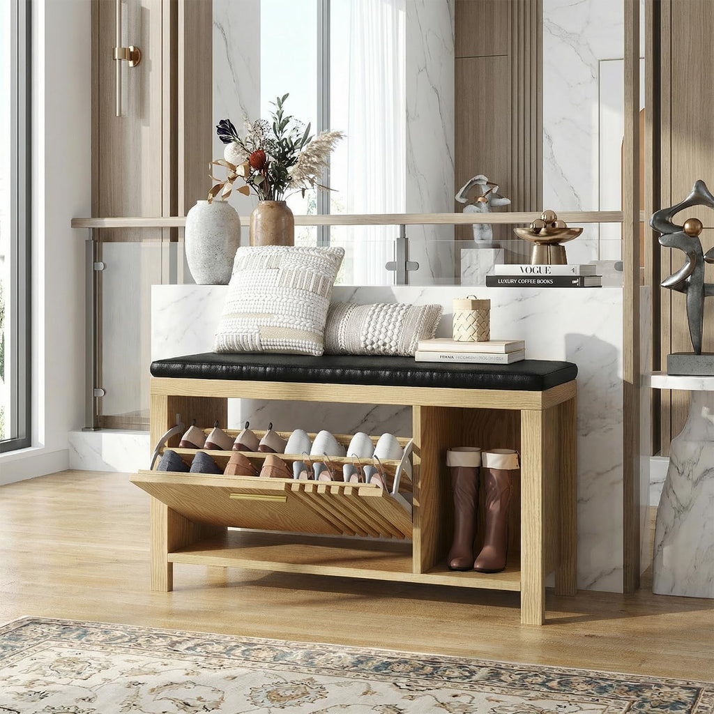 Shoe Storage Bench with Flip Drawers