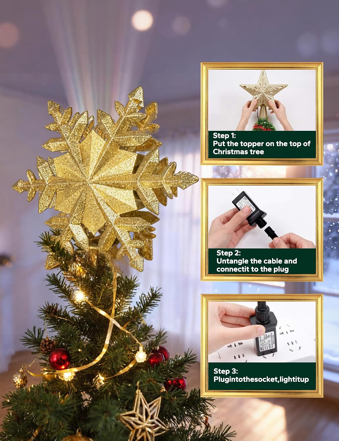 Direct Christmas Tree Topper with Rotating Snowflake Projector, Gold
