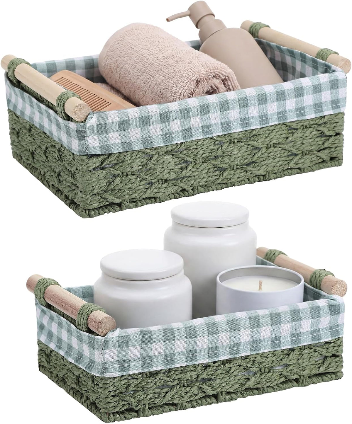 2 Pcs Gingham Storage Basket Sets Green Toilet Paper Storage