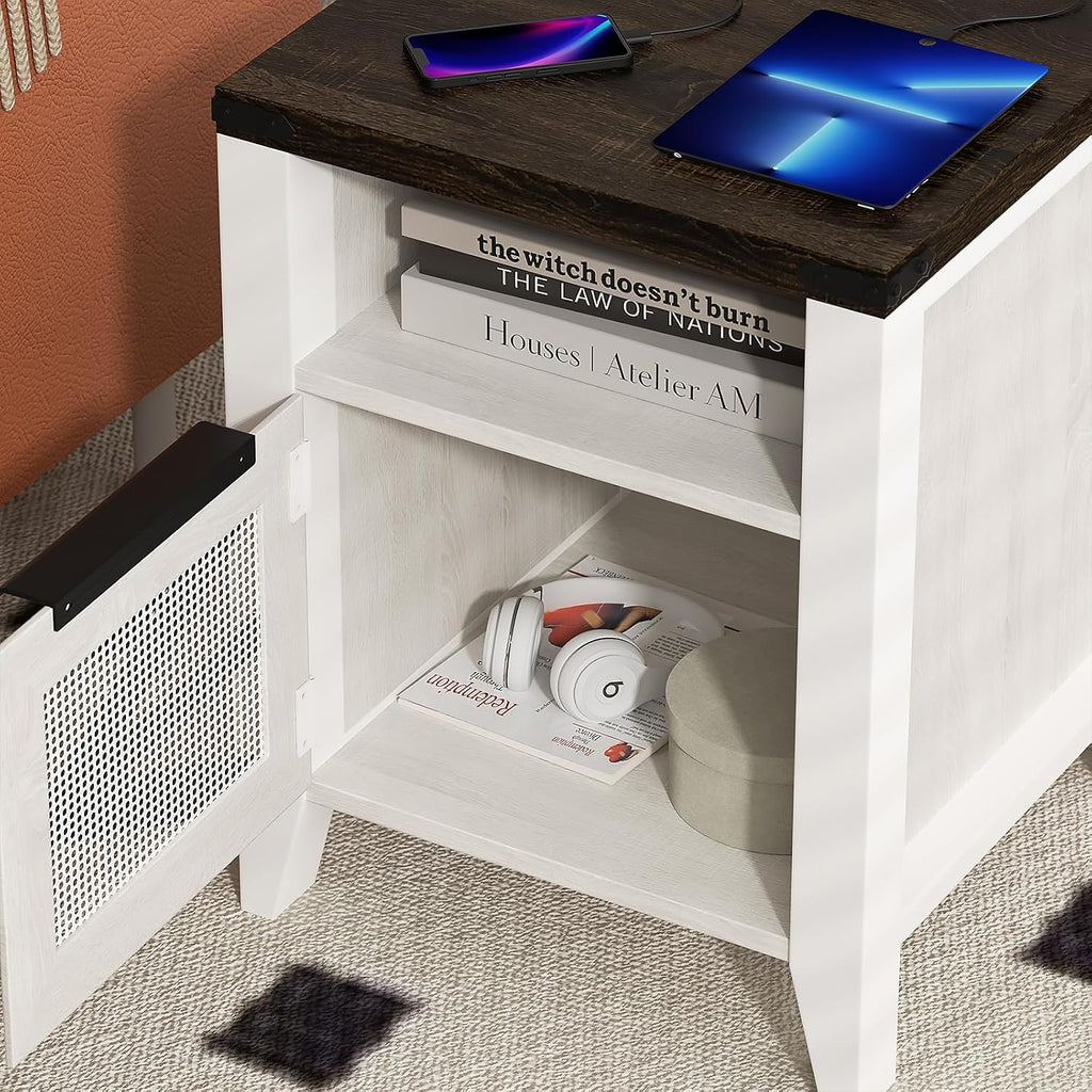 Farmhouse End Table with Charging Station, 18.1" Narrow Side Table for Living Room, Sofa End Table with Storage Cabinet & Open Shelf, Nightstand with 2 USB Ports and 2 AC Outlets