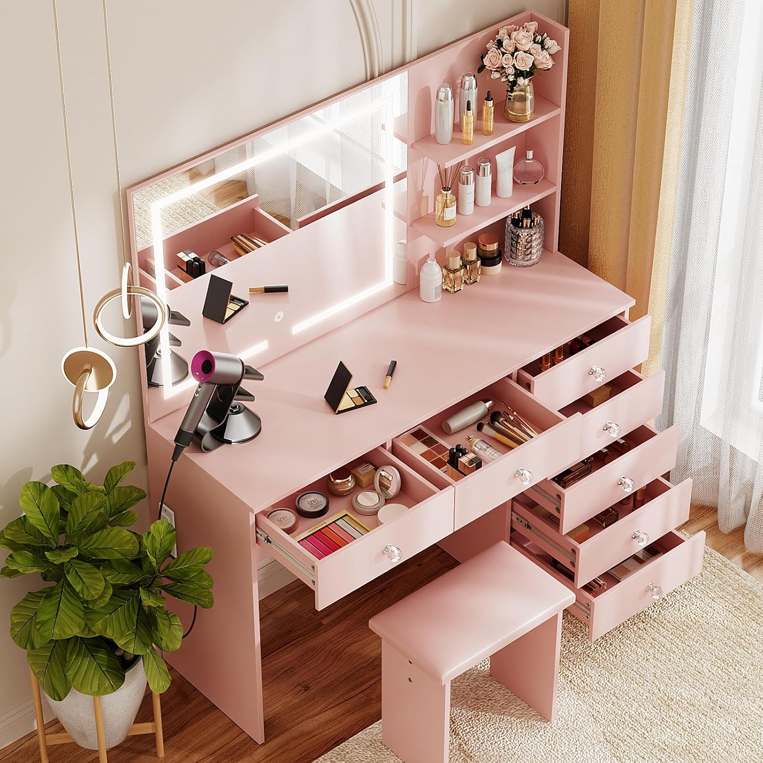 VOWNER Pink Vanity with Lighted Mirror - 47" Makeup Vanity Desk with 7 Drawers