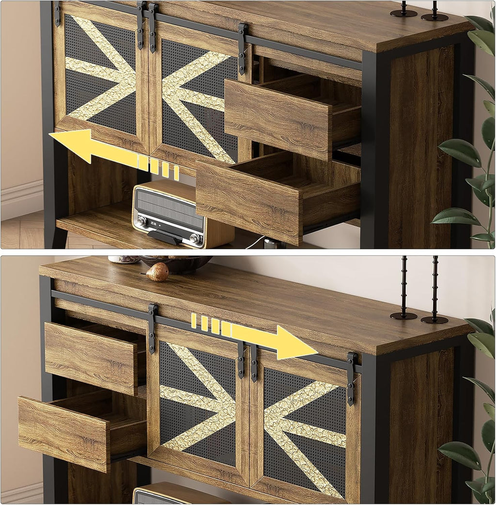 47.2" Farmhouse Console Table with Storage Drawers & Sliding Barn Doors, Hidden Compartment Narrow Rectangle Sofa Table Rustic Entryway Table for Living Room, Hallway, Behind Sofa