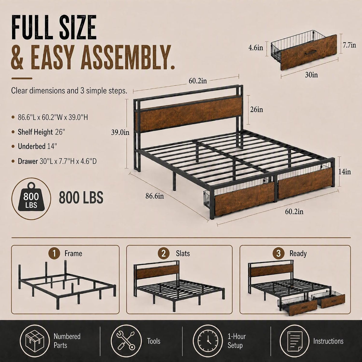 Full Size Metal Platform Bed Frame with Wood Headboard and Footboard & USB Charging Station and Smart LED Lights