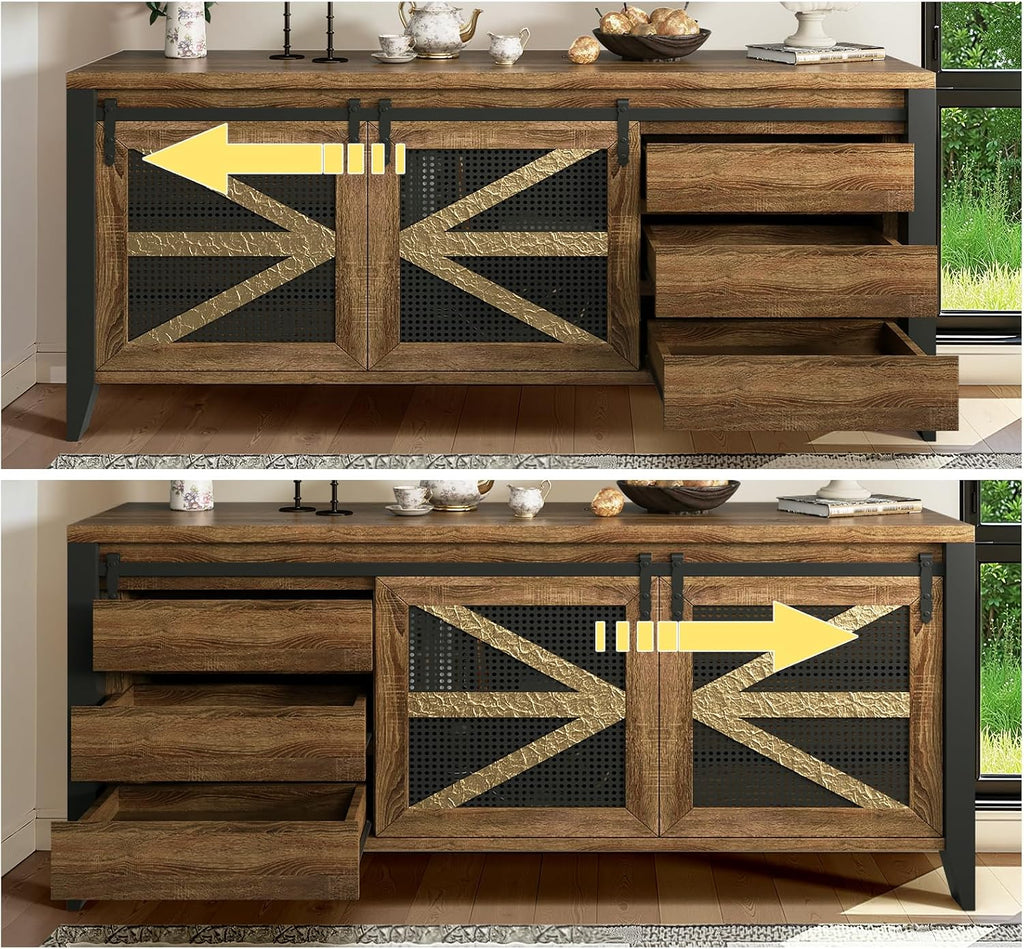 60 Inch TV Stand for TVs up to 65", Rustic Farmhouse Media Console with Sliding Barn Doors, 6 Drawers, Entertainment Center for Living Room