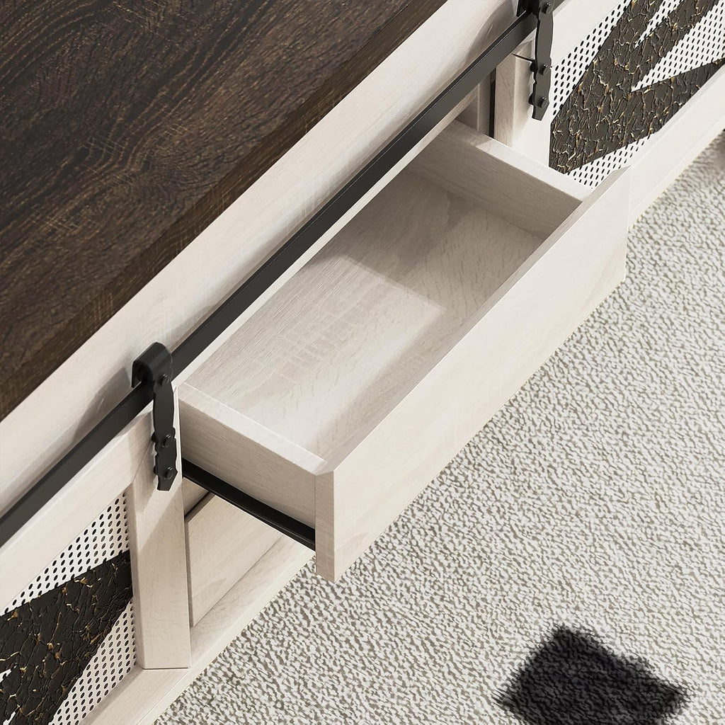 47.2" Lift Top Coffee Table with Hidden Compartment, Storage Drawers & Sliding Barn Doors, Farmhouse Rectangle Coffee Table for Living Room, Rustic Brown & White
