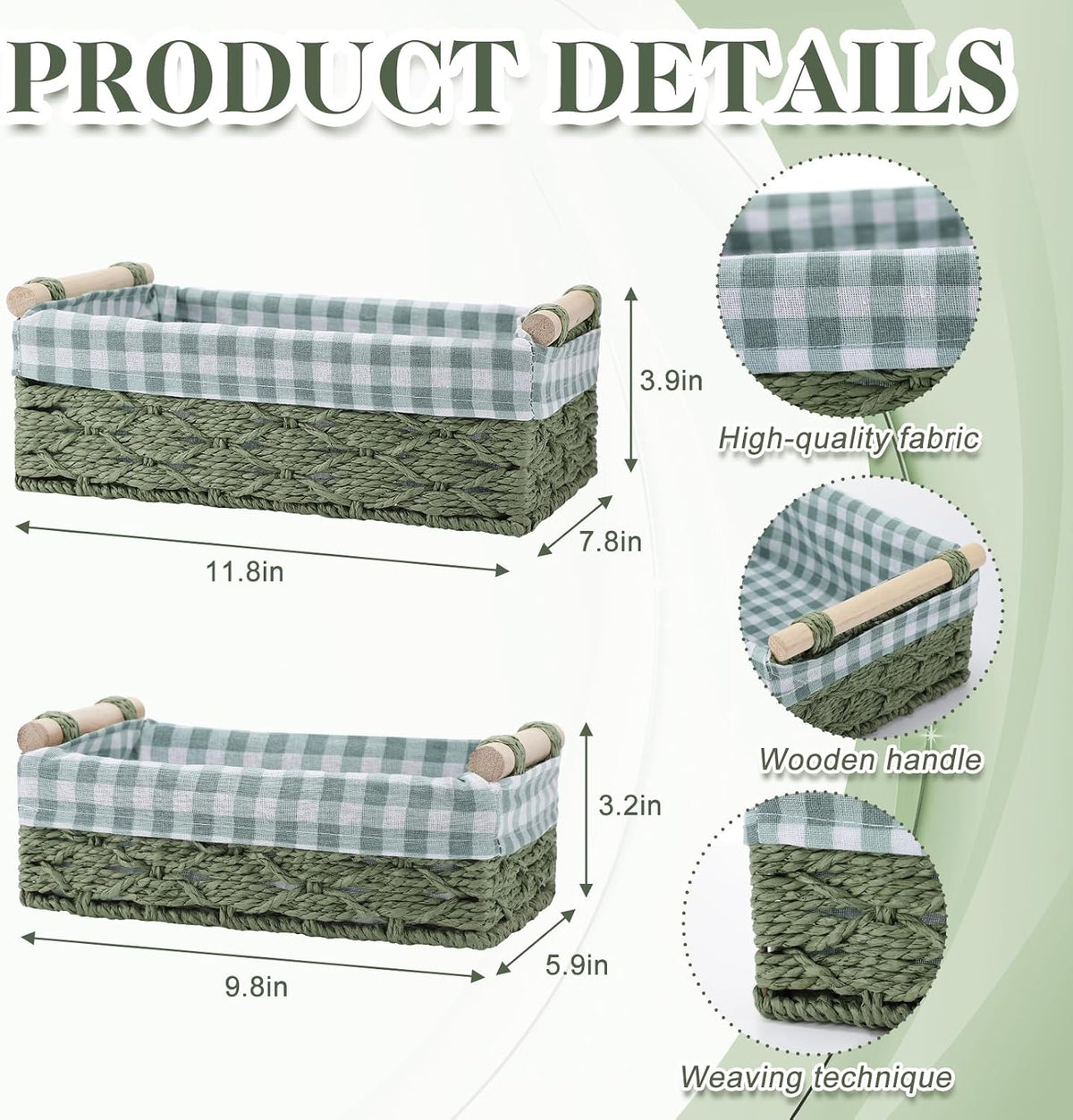 2 Pcs Gingham Storage Basket Sets Green Toilet Paper Storage