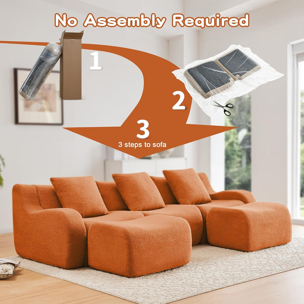 Modular Sectional Sofa for Living Room, 115.3" U-Shaped Orange Boneless Cloud Couch with 2 Ottoman, 3-Seat Teddy Fabric Sofa Deep Seat Curved Armrest,Streamlined Ergonomic Design